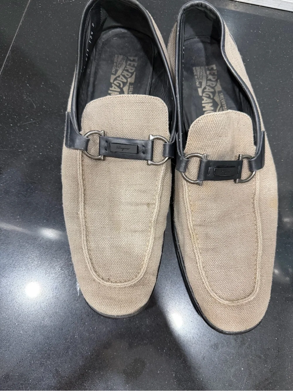 Salvatore Ferragamo Beige Canvas Loafers with Black Bit
